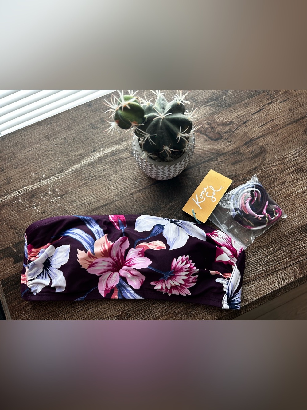 Kona Sol | Plum Floral Bandeau Bikini Top with Pink & White Flowers
